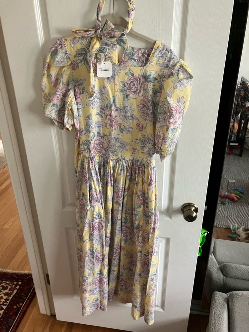 Laura Ashley Yellow Floral Midi Dress with Pink & Blue Blooms